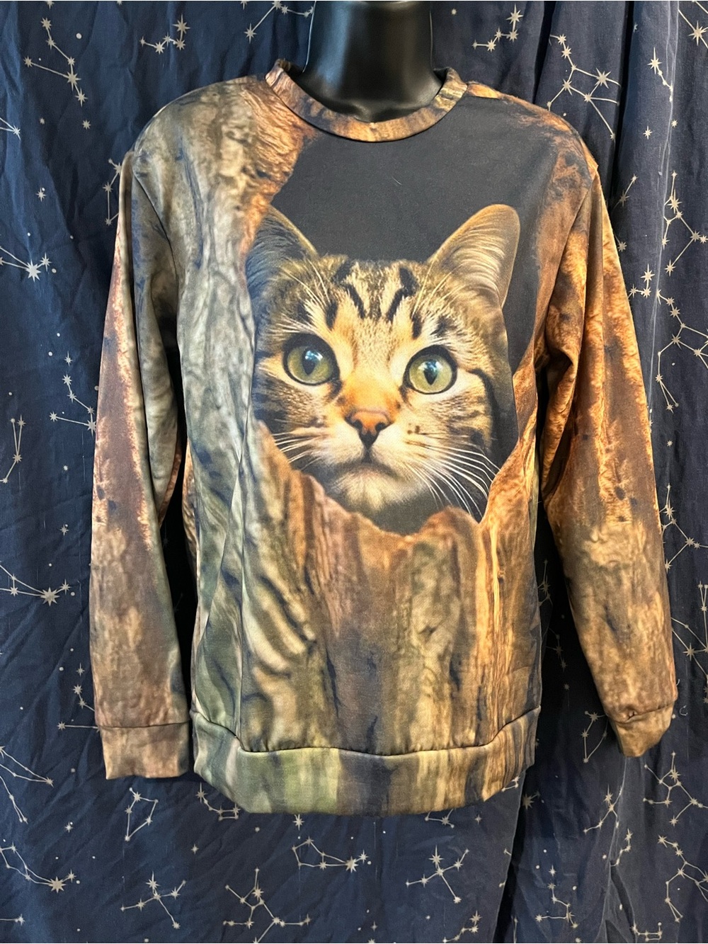 Cat Face Print Pullover Sweatshirt - Brown
